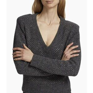 Veronica  Womens Embellished V-Neck Alpaca Pullover Sweater Gray Sz Large